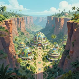 A beautiful illustration of a domed retro futuristic garden city built across a massively deep canyon on a tropical alien world by Robert McCall | Daniel Merriam:.5 | sparth:.2 | Time white:.2 | Rodney Matthews:.2 | Graphic Novel, Visual Novel, Colored Pencil, Comic Book:.2 | unreal engine:.6 | first person perspective:.6 | establishing shot:.7