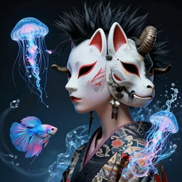 3 d goddess close - up profile portrait russian punk with mohawk with ram skull. beautiful intricately detailed japanese crow kitsune mask and clasical japanese kimono. betta fish, jellyfish phoenix, bio luminescent, plasma, ice, water, wind, creature, artwork by tooth wu and wlop and beeple and greg rutkowski