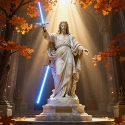 a long wide shot of a marble statue of a marble of jesus with lightsaber lightsaber on a base in a church by ridley scott, god - rays, dramatic light, global illumination, radiant light, unreal 5, daz, hyperrealistic, octane render, dynamic lighting, intricate detail, harvest fall vibrancy, cinematic