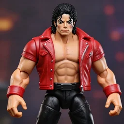stoic michael jackson oversized muscular hulked powerlifter by neca!!! pretty! beautiful! shirtless muscular black pants red leather thriller jacket very detailed realistic action figure by neca. face very close!! shot face shot head shot. in the style of tekken 5, character from mortal kombat, film still, bokehs