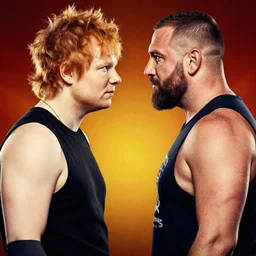Ed Sheeran and Steve Harvey face to face in a wrestling promotional poster, photograph