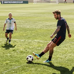 Jennifer Lawrence as David Beckham, scoring a penalty kick at the football World Cup