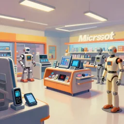 a digital painting of a 2 0 5 0 s microsoft retail interior, phones, tablets, robots and mannequins, by ruan jia by liam wong trending on artstation, 4 k
