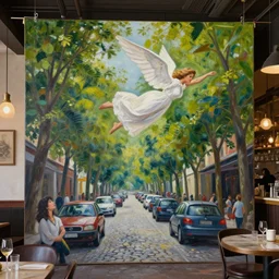 A female angel dressed in white flies over a cobbled street. the foliage of the trees merges with the cars driving below. passers-by look up to the sky. oil painting on canvas stretched from the ceiling of a chic and shocking restaurant.