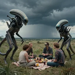 raw opal, still frame from'venus xenomorphs picnic in storm'movie by rembrandt, xenomorphs in stormy venus landscape by malczewski, rural xenomorphs on landscape by jakub rozalski, xenomorphs on picnic by giger