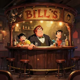 photo cartoon illustration comics manga painting of bill's bar : 6 fantasy, digital painting, unreal engine, 8 k, volumetric lighting, contrast
