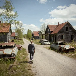 i walk through dilapidated fallout 5 holland, rural town, desolate street, dilapidated country houses, some rusted retro futuristic vintage styled parked vehicles like cars, sunny weather, few clouds, volumetric lighting, photorealistic, daytime, spring, sharp focus, ultra detailed