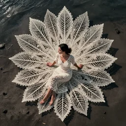 a woman sitting on a beach, made of intricate decorative lace leaf skeleton, shot from a drone, in the style of the dutch masters and gregory crewdson, dark and moody