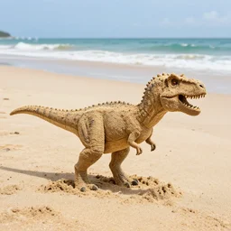 photo of a trex made out of sand at the beach