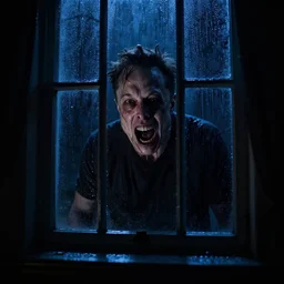 dark photo of dark blue rainy bedroom window at night, dimly lit creepy ( ( ( ( ( contorted distorted ) ) ) ) ) screaming face of elon musk staring in through the window, horror, scary, 4 k, sweaty, face, demonic face,