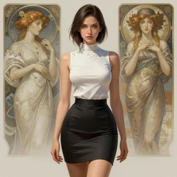 young attractive business woman # in pencil miniskirt and sleeveless turtleneck, sci - fi, highly detailed, digital painting, artstation, concept art, smooth, sharp focus, illustration, art by artgerm and greg rutkowski and alphonse mucha