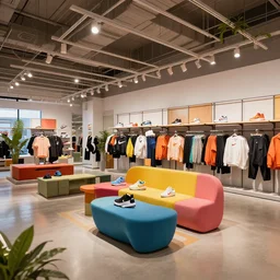 large nike boutique flagship retail. pop art. colorful happy furniture!!! with colorful shoes and varied clothes. low ceilings with rails and spots. plants. muted colors. architectural photography, 8 k, realistic lighting, reflections, bloom, hyperdetailed environment, pbr materials.