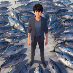 a man herding tuna, artgerm, atompunk, anime style, pixar and disney style, high quality, highly detailed, high coherence, path traced, beautiful, elegant, geometrically correct, realistic, digital painting, masterpiece, digital art, concept art, unreal engine 5, daytime