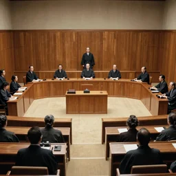 full color still of a courtroom of law in the Meiji era Tokyo, 150mm lens by Akira Kurosawa, 1980 cinematography