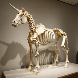 full view of a anatomically complete unicorn skeleton in a museum, detailed photograph