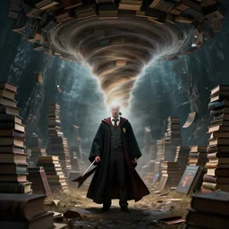“a dramatic photo of a wizard standing in the center of a tornado of books”