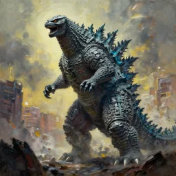 oil painting of godzilla conquering e destroying a city, cinematic lighting