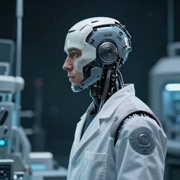 a laboratory operator man with cybernetic enhancements seen from distance, scifi character portrait by greg rutkowski, craig mullins, 1 / 4 headshot, cinematic lighting, dystopian scifi gear, profile picture, mechanical, cyborg, half robot, space around the character