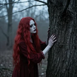 beautiful woman is fusing with a tree. the woman has pale skin and red hair. folk horror. eerie. winter scene