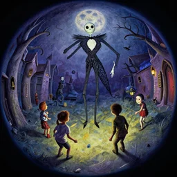 curved perspective, extreme narrow, extreme fisheye, digital art of kids playing by pablo picasso from nightmare before christmas