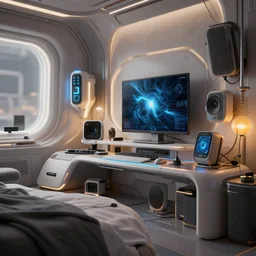 Interior of a simple futuristic bedroom cluttered with electronics, close up, Wadim Kashin, Simon Stalenhag, XF IQ4, f/1.4, ISO 200, 1/160s, 8K, RAW, featured in artstation, octane render, cinematic, elegant, intricate, 8k