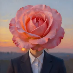 closeup, huge rose flower on head, frontal, girl in a suit, surreal photography, sunrise, dramatic light, impressionist painting, digital painting, artstation, simon stalenhag