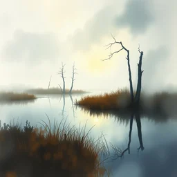 watercolor painting of scandinavian bog, reflective, fog, ambient lighting, art by anders zorn, wonderful masterpiece by greg rutkowski, cinematic light, american romanticism by greg manchess, creation by tyler edlin