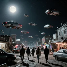 people are walking past plasmacraft, back from work in a Russian cyberpunk slum city called Neo Norilsk on the Moon, at night, lots of flying cars, diverse, lively, black sky full of stars, blinding sun, sci-fi, lots of flying cars, levitation, cyberpunk outfits, photorealistic, grainy, 35mm, intricate, very very beautiful, elegant, smooth, cinematic, Unreal Engine 5, by Beeple, trending on Artstation HD