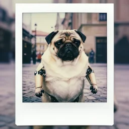 oversized cyborg terminator pug, in legnica, noon, cinematic focus, polaroid photo, vintage, neutral dull colors, soft lights,, by gregory crewdson