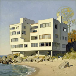hyper-realistic illustration of an exterior view of a huge Brutalist-style house on a rocky beach, by Alfons Mucha le Pater, Art Nouveau, Craig Mullins, Jules Louis Machard, Pierre-Narcisse Guérin, Carl Schweninger, Jr., asymmetry