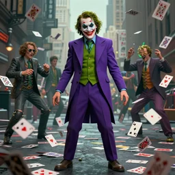 portrait of joaquin pheonix as dc comic villain the joker creepy smile, full body pose, purple suit, green bowtie, new york chaotic background, scattered joker poker cards, chaos by norman rockwell, michael hussar, kim jung gi, greg rutkowski, james jean, tomer hanuka. 3 d octane render. ambient occlusion.