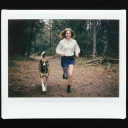 medium shot, a young woman running towards the camera, a demon hound is chasing her, woods, polaroid photo, vintage, neutral colors, by gregory crewdson