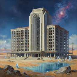 a beautiful ultradetailed painting of abandoned unfinished building urbex building industrial architecture consulate by wayne thiebaud, sci - fi at winter studio ghibli galactic apocalyptic desert bioshock otherworldly lake meadow elysian crystal, archdaily, wallpaper, highly detailed, trending on artstation.