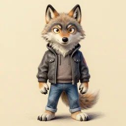 expressive stylized master furry artist digital colored pencil painting full body portrait character study of the wolf ( sergal ) small head big eyes toon fursona animal person wearing clothes jacket and jeans by master furry artist blotch