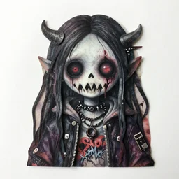 a pretty but sinister and creepy monster in layers of fear decoupage, with haunted eyes, wearing punk clothing, violence in his eyes, 1 9 7 0 s, seventies, delicate embellishments, a little blood, woodland, blue dawn light shining on wildflowers, painterly, offset printing technique