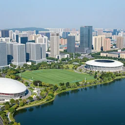 modern sprawling city with green park and soccer stadium, navy blue lake with many small boats and many yachts, turbulent reflective foamy water, digital art, photorealistic, hyperdetailed, golden hour