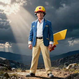 Arnold schwarzenegger dressed up as Ash Ketchum, he is a pokemon trainer