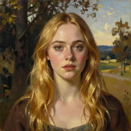 Elle Fanning as an Android, head and shoulders masterpiece, oil on canvas, golden hour, in the world of Andrew Wyeth and Bruce Pennington, artstation, by J. C. Leyendecker and Peter Paul Rubens,