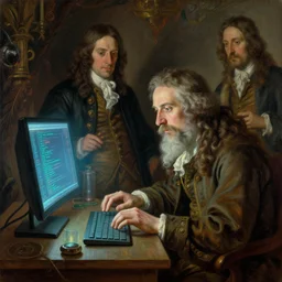 time travelling wizard working with an experimental programming language on a glowing computer, intricate oil painting, by johann peter hasenclever, joseph wright of derby and carl spitzweg