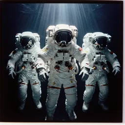 astronauts in dark and void underwater - complex and hyperdetailed suit. reflection and dispersion materials. rays and dispersion of light. volumetric light. 5 0 mm, f / 3 2. noise film photo. flash photo. ultra realistic, poster by wayne barlowe, hajime sorayama aaron horkey, craig mullins, smooth plastic