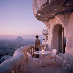 a grainy film photograph pov holiday maker on balcony in dream state alien world. pastel coloured stone, lavender sky, table, chairs, candle. earth visible in sky. foam architecture. ambient light. refraction. sunset.