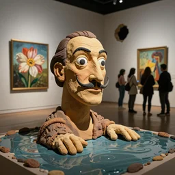 plasticine sculpture stop motion. salvador dali clay models. visitors. gallery painting of flower. water floor. room with a hole in wall. john craxton. high detail. photorealistic
