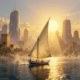 A highly detailed 4K fantasy matte painting of a felucca sailing toward the sun on a raft along the ancient River Nile, in ancient Egypt during the golden hour in summer, large ancient city huge cyberpunk neon buildings in background, volumetric sun rays and dust, water reflection, Thomas Kinkade, Greg Rutkowski, ArtStation, CGSociety, Unreal Engine