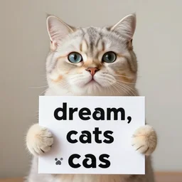 realistic high quality photo of a cute cat holding a sign with text that reads : dream, caaats, cats, cas