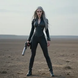 pleiadian woman, big eyes, long silver hair, pale skin, full body, dark body suit, posing with a plasma gun, barren fields, cinematic, ultra detailed, 4 k