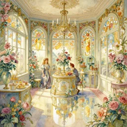 a beautifull intricate watercolour painting of a victorian confectionery room with many flowers and, reflexions, verry high details by william turner art, greg rutkowski and alphonse mucha, trending on artstation, very very detailed, masterpiece,