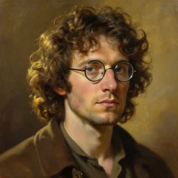 greg manchess oil matte portrait painting, man peasant curly hair round glasses, wonderful masterpiece highly detailed, scifi, beautiful cinematic light deep focus, elegant, digital painting, smooth, sharp focus, golden ratio, dramatic illumination, ultra realistic, 4 k, art by greg rutkowski wlop rossdraws