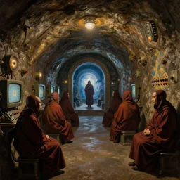 underground tunnels inhabited by hooded monks, mechanical computers, lights and switches, portal to the dreamworld, baroque oil painting