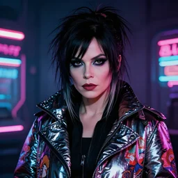 detailed film still of portrait neon operator joan jett in the movie blade runner, messy ponytail, dark cinematic goth atmosphere, cyberpunk futuristic, neon, reflective puffy coat, decorated with traditional japanese by smail inceoglu dragan thoma greg rutkowski alexandros pyromallis nekro, illustrated, perfect face, fine details, realistic shaded, fine - face, pretty face