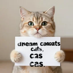 realistic high quality photo of a cute cat holding a sign with text that reads : dream caaats, cats, cas, cas